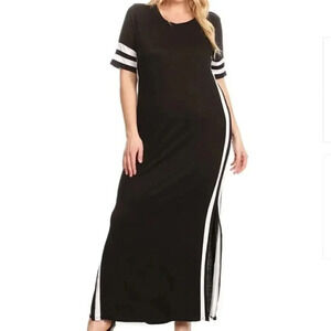 VARSITY BLACK & WHITE STRIPE SIDE SPLIT MAXI DRESS